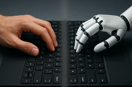 robot and human hand on keyboard