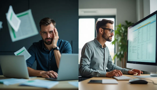 split screen two men on computer