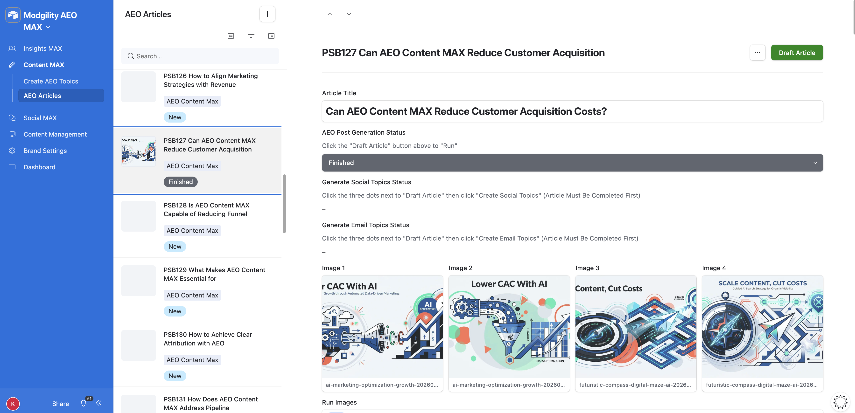 Content MAX — AEO Articles list view with article editor
