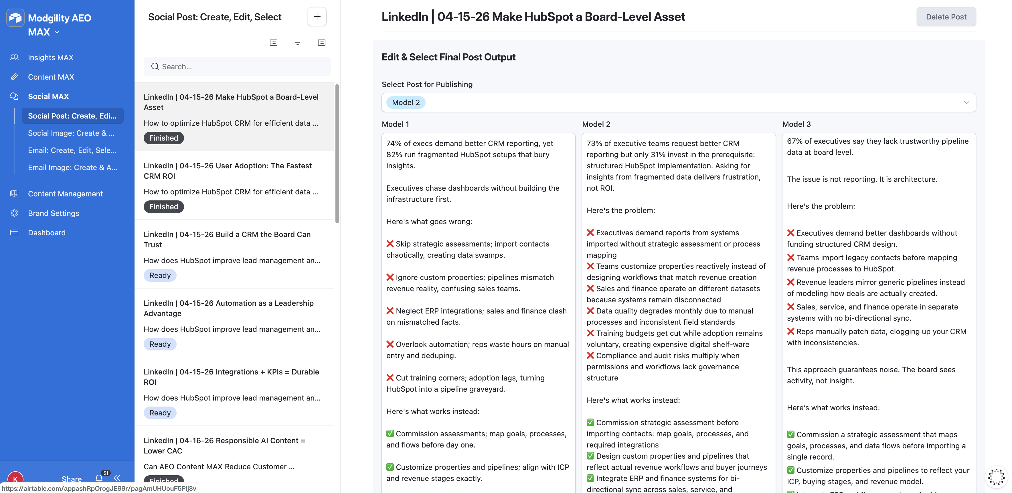 Social MAX — LinkedIn post with three model variants side by side